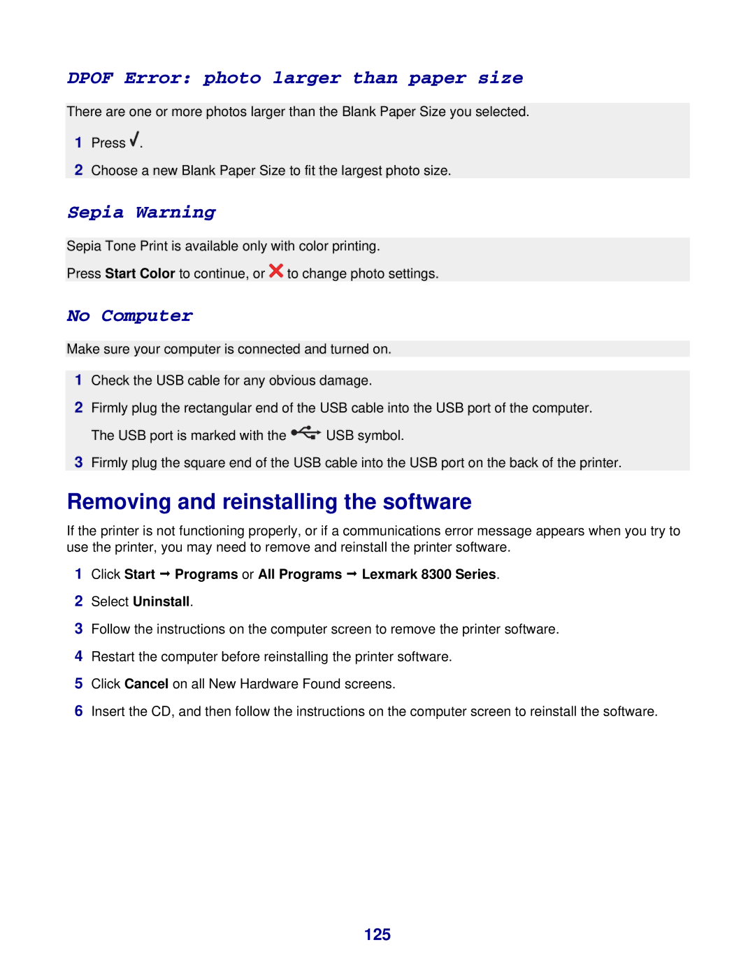 Lexmark 8300 Series manual Removing and reinstalling the software, 125 