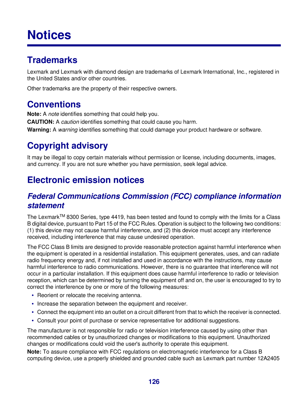 Lexmark 8300 Series manual Trademarks, Conventions Copyright advisory, Electronic emission notices, 126 