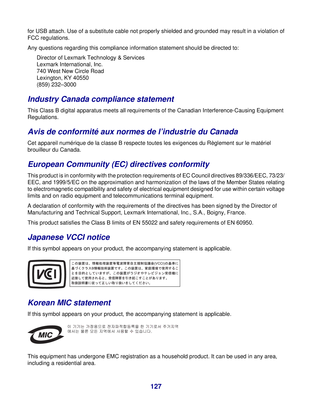 Lexmark 8300 Series manual Industry Canada compliance statement, Avis de conformité aux normes de l’industrie du Canada 