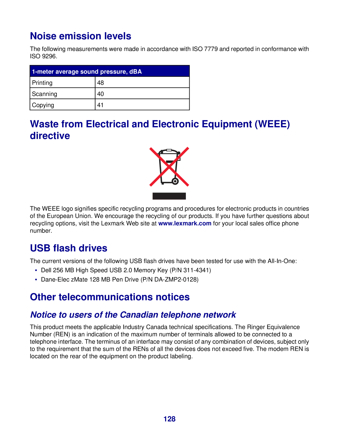 Lexmark 8300 Series manual Noise emission levels, Other telecommunications notices, 128, Meter average sound pressure, dBA 