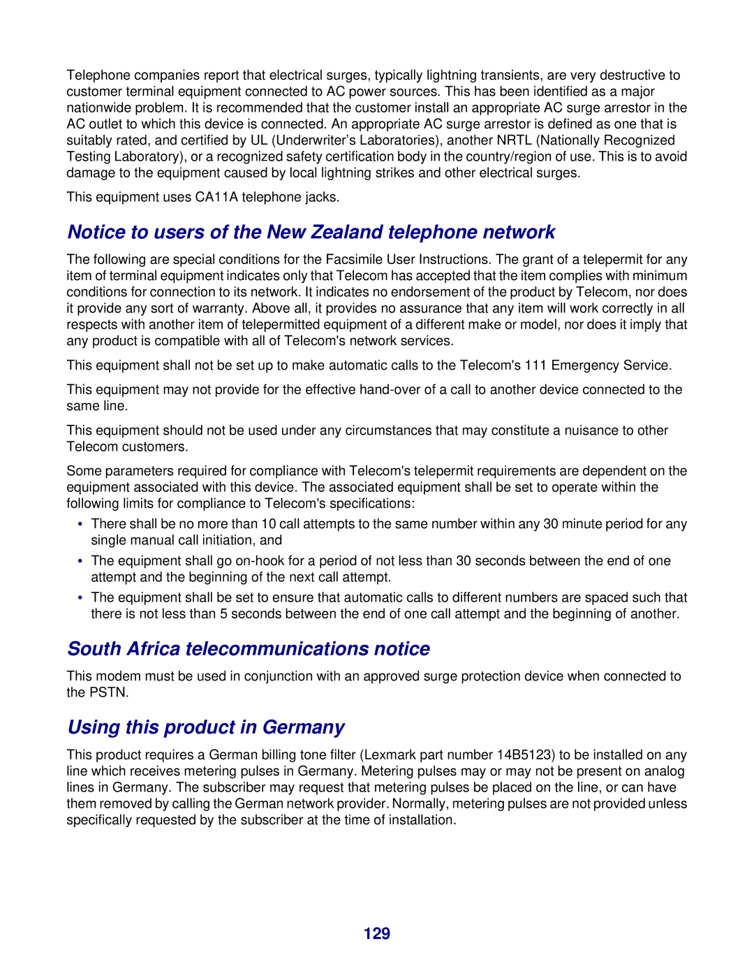 Lexmark 8300 Series manual South Africa telecommunications notice, Using this product in Germany, 129 