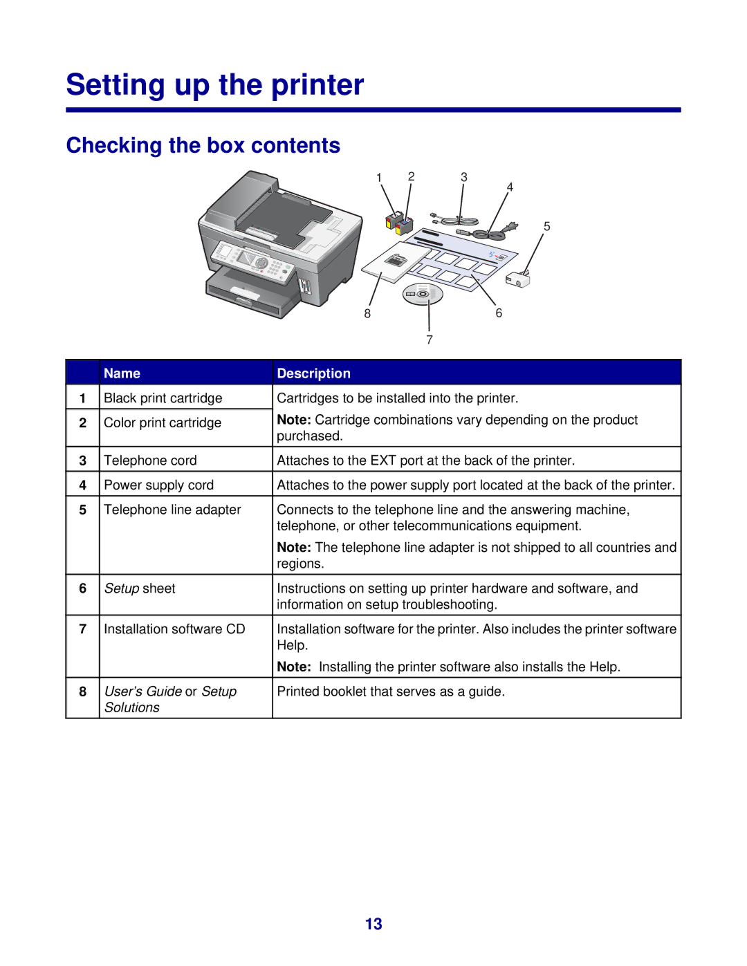 Lexmark 8300 Series manual Setting up the printer, Checking the box contents 