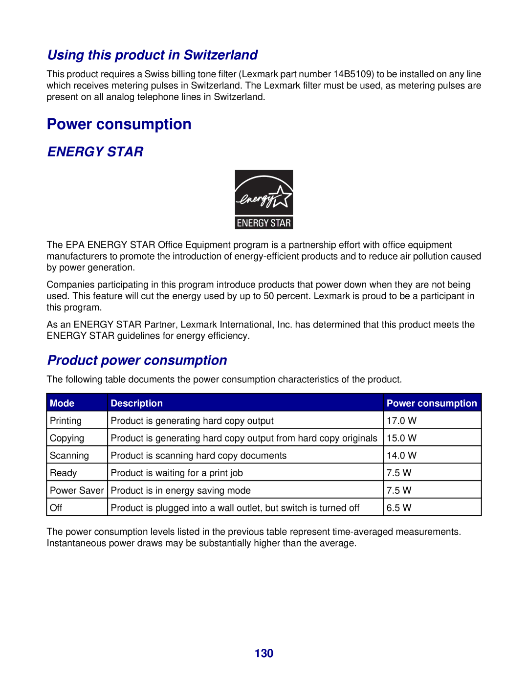 Lexmark 8300 Series manual Power consumption, Using this product in Switzerland, Product power consumption, 130 