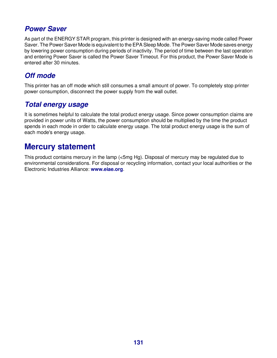 Lexmark 8300 Series manual Mercury statement, Power Saver, Off mode, Total energy usage, 131 