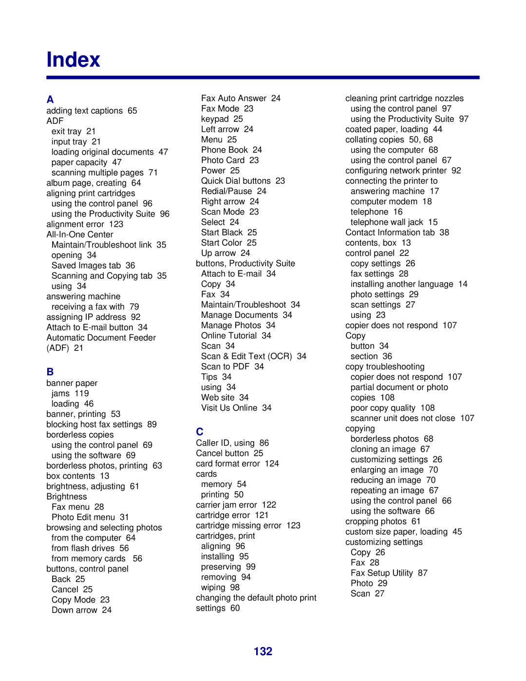 Lexmark 8300 Series manual Index, 132 