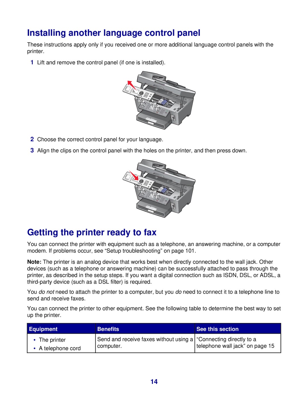 Lexmark 8300 Series manual Installing another language control panel, Getting the printer ready to fax 