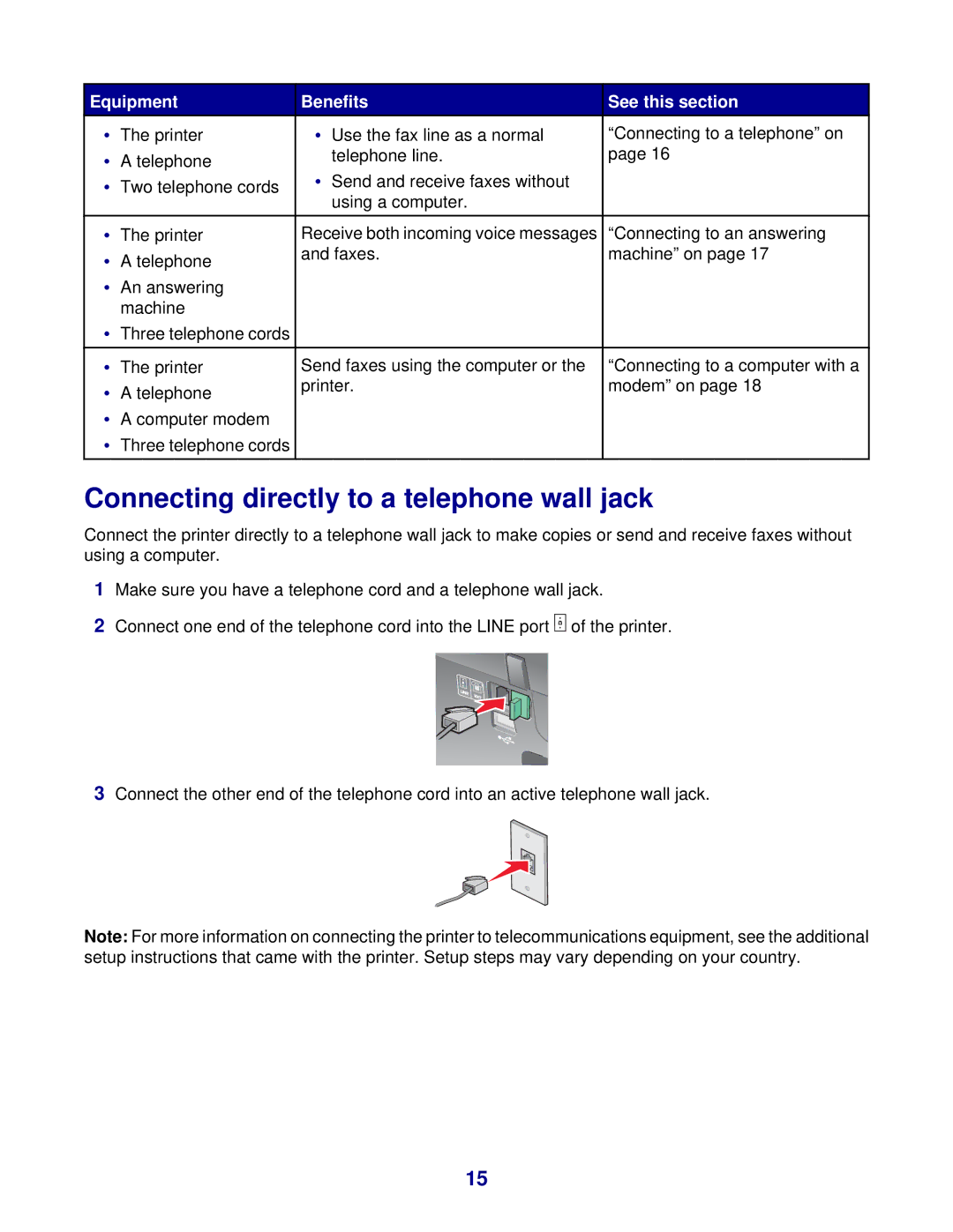 Lexmark 8300 Series manual Connecting directly to a telephone wall jack 