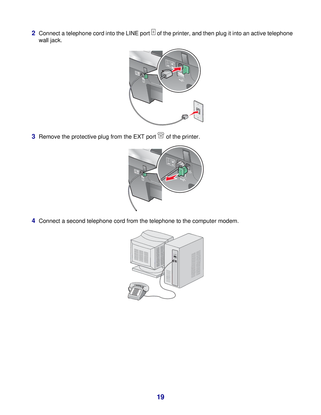 Lexmark 8300 Series manual Remove the protective plug from the EXT port of the printer 