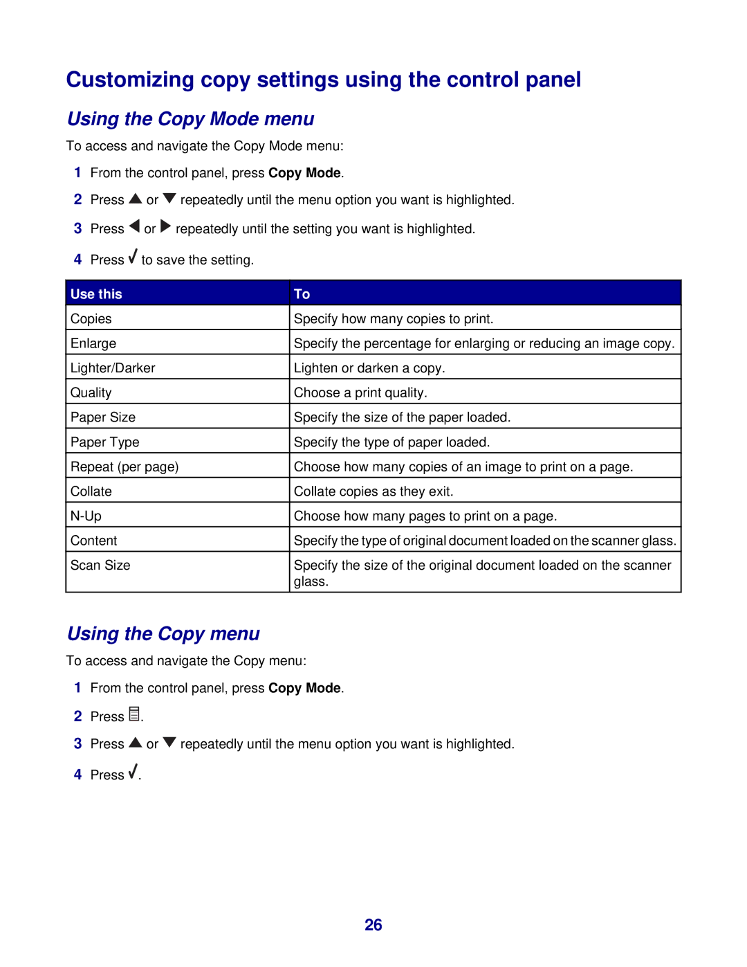 Lexmark 8300 Series manual Customizing copy settings using the control panel, Using the Copy Mode menu, Using the Copy menu 