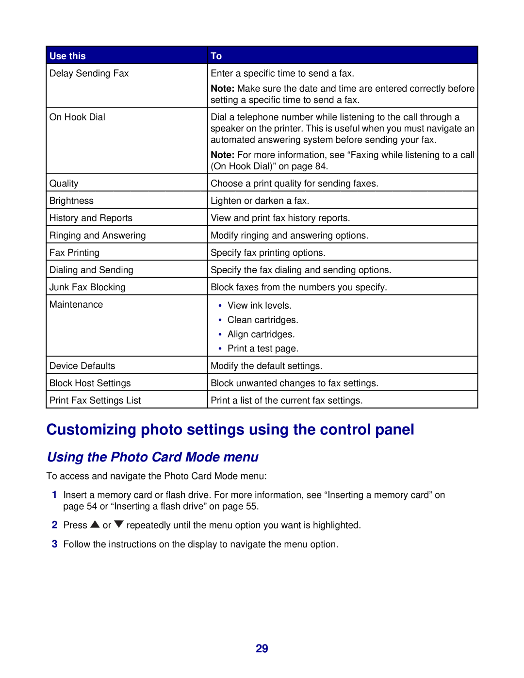 Lexmark 8300 Series manual Customizing photo settings using the control panel, Using the Photo Card Mode menu 