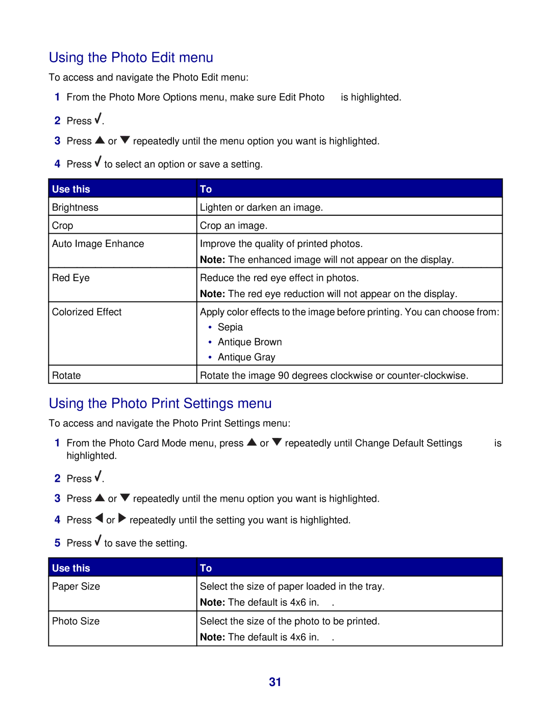 Lexmark 8300 Series manual Using the Photo Edit menu, Using the Photo Print Settings menu 