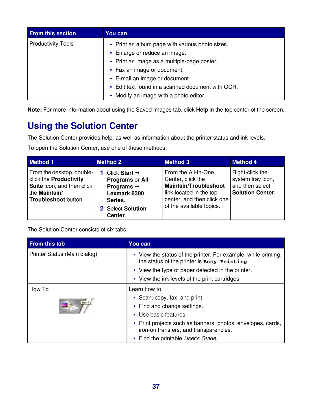 Lexmark 8300 Series manual Using the Solution Center, From this tab You can 