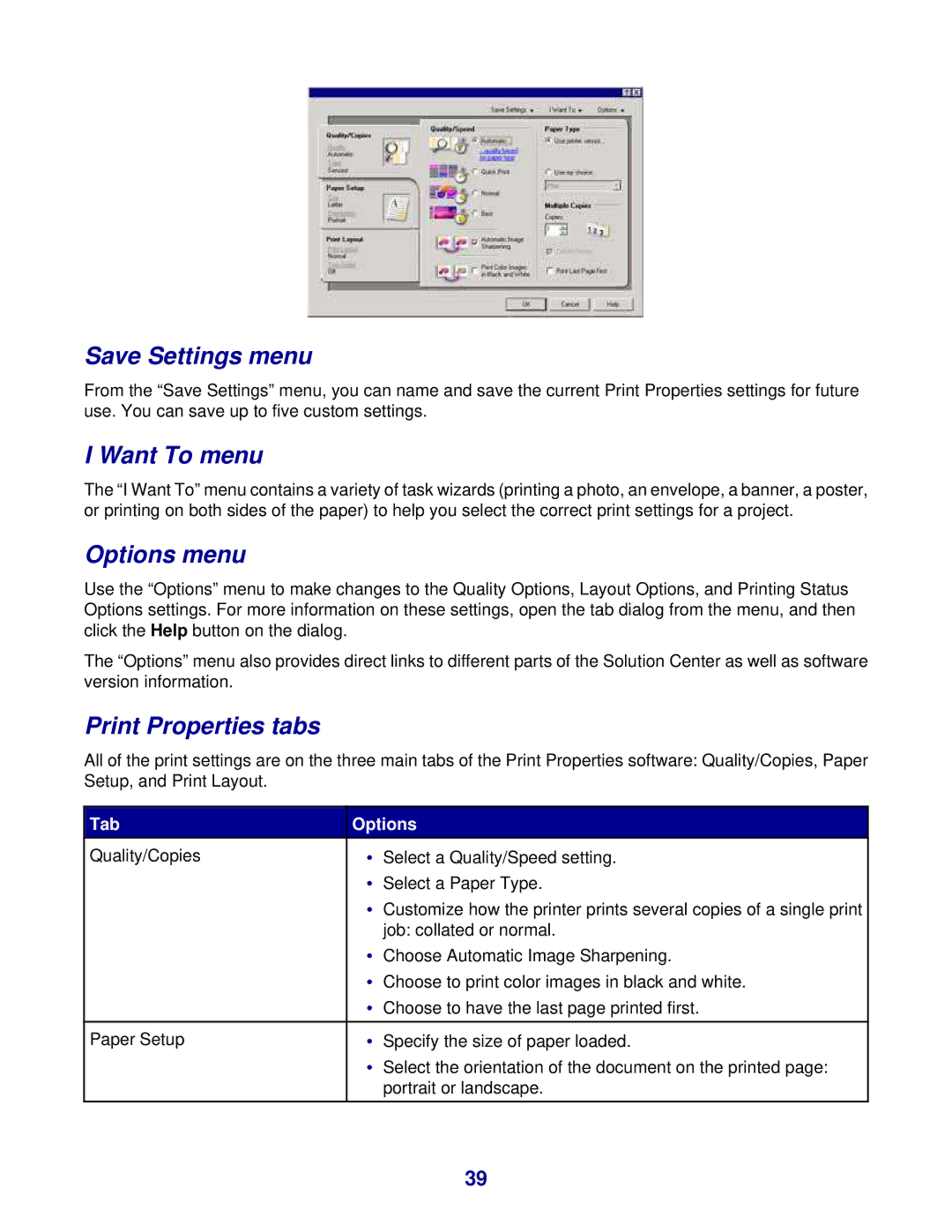 Lexmark 8300 Series manual Save Settings menu, Want To menu, Options menu, Print Properties tabs, Tab Options 