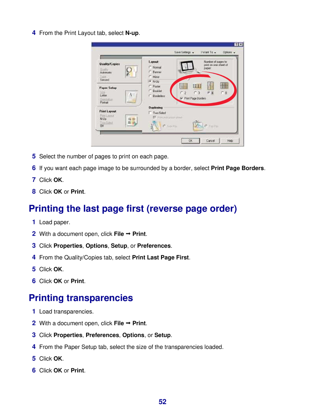 Lexmark 8300 Series manual Printing the last page first reverse page order, Printing transparencies 