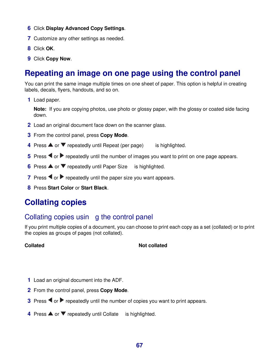 Lexmark 8300 Series manual Repeating an image on one page using the control panel, Collating copies, Click Copy Now 