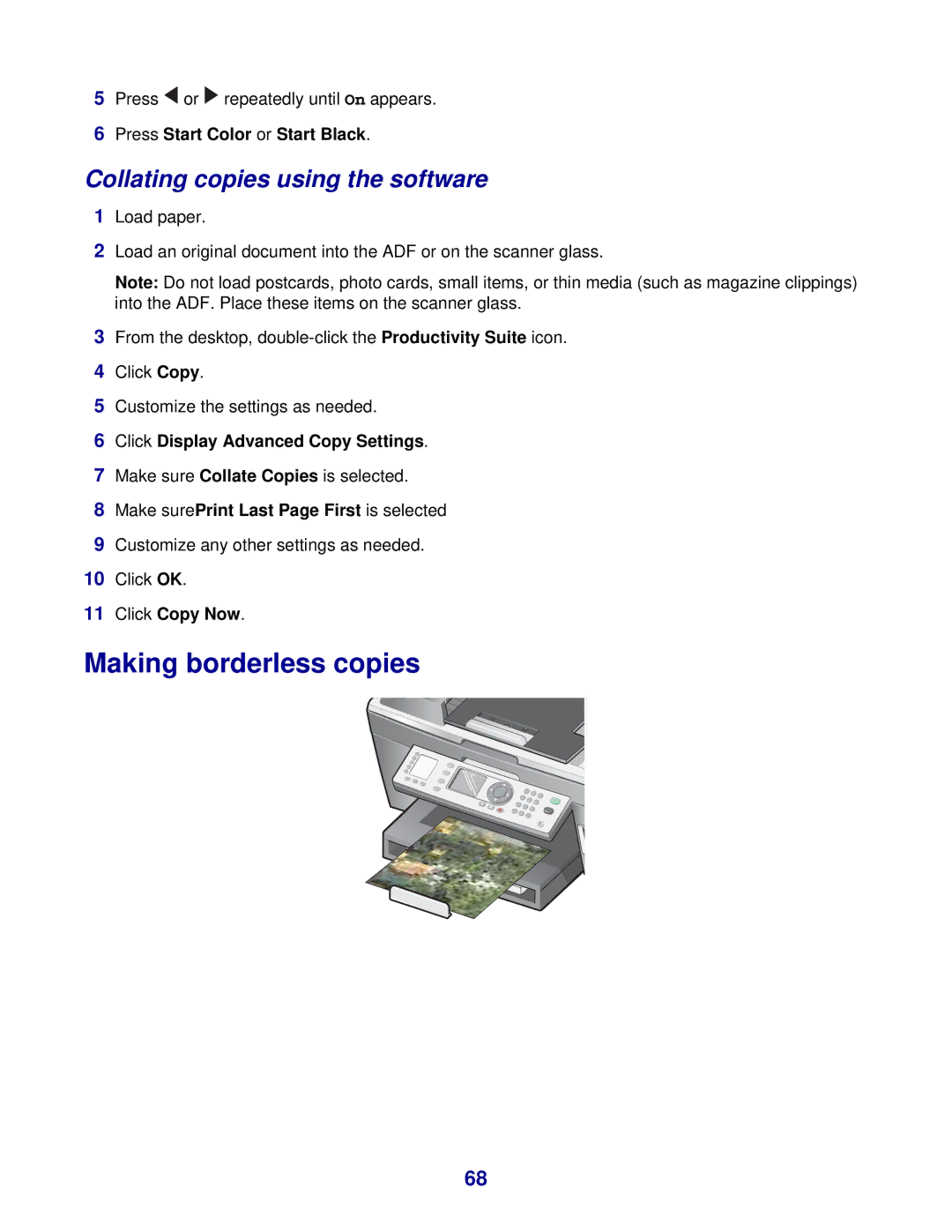 Lexmark 8300 Series manual Making borderless copies, Collating copies using the software 