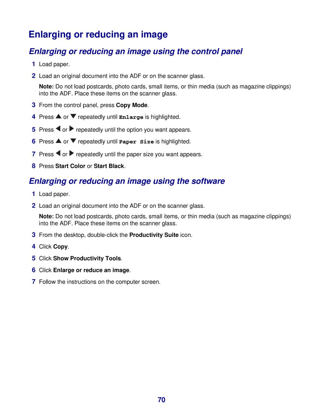 Lexmark 8300 Series manual Enlarging or reducing an image using the control panel 