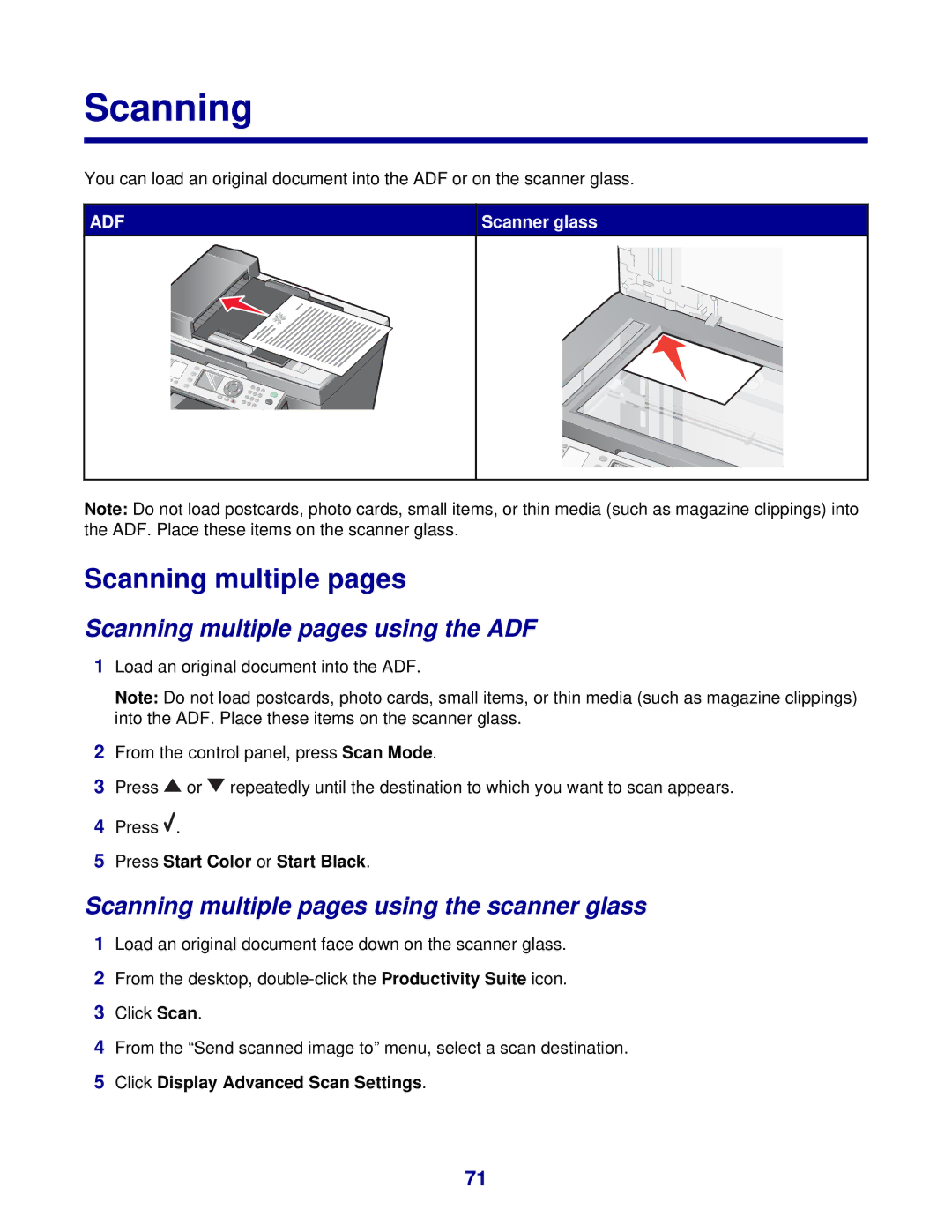 Lexmark 8300 Series manual Scanning multiple pages using the ADF, Scanning multiple pages using the scanner glass 