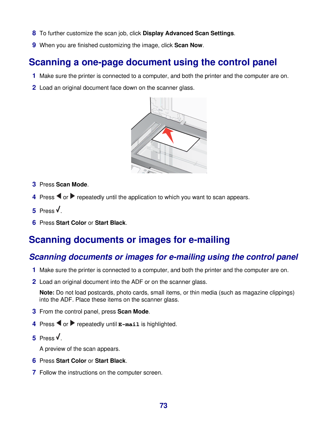 Lexmark 8300 Series manual Scanning a one-page document using the control panel, Scanning documents or images for e-mailing 