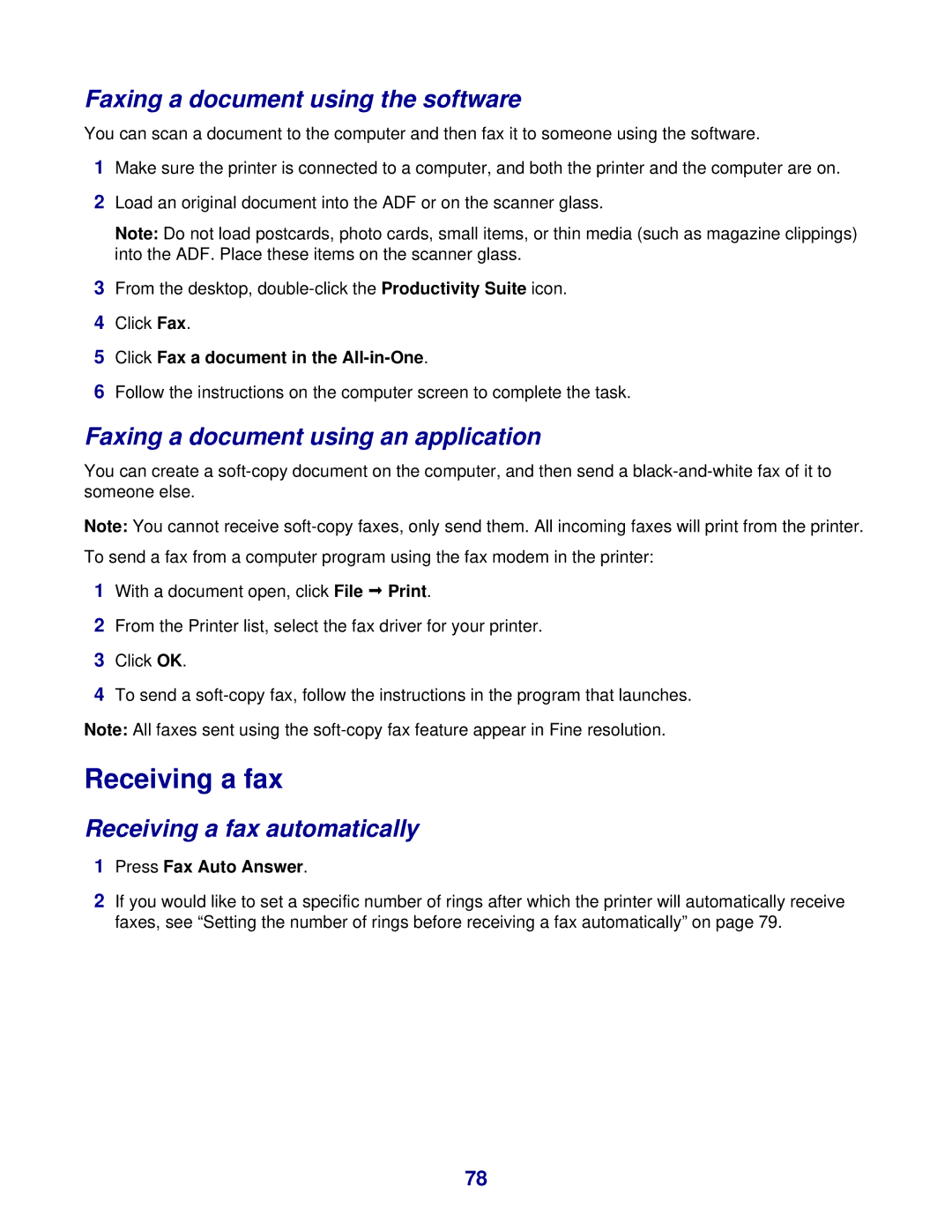 Lexmark 8300 Series manual Receiving a fax, Faxing a document using the software, Faxing a document using an application 