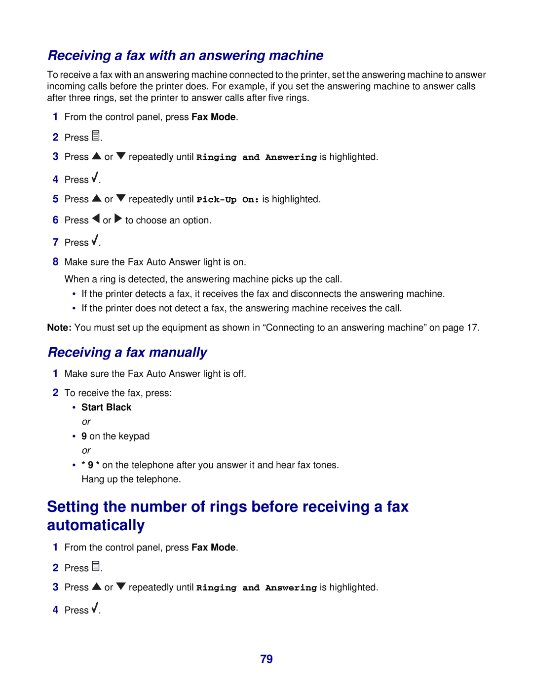 Lexmark 8300 Series Receiving a fax with an answering machine, Receiving a fax manually, Start Black or 