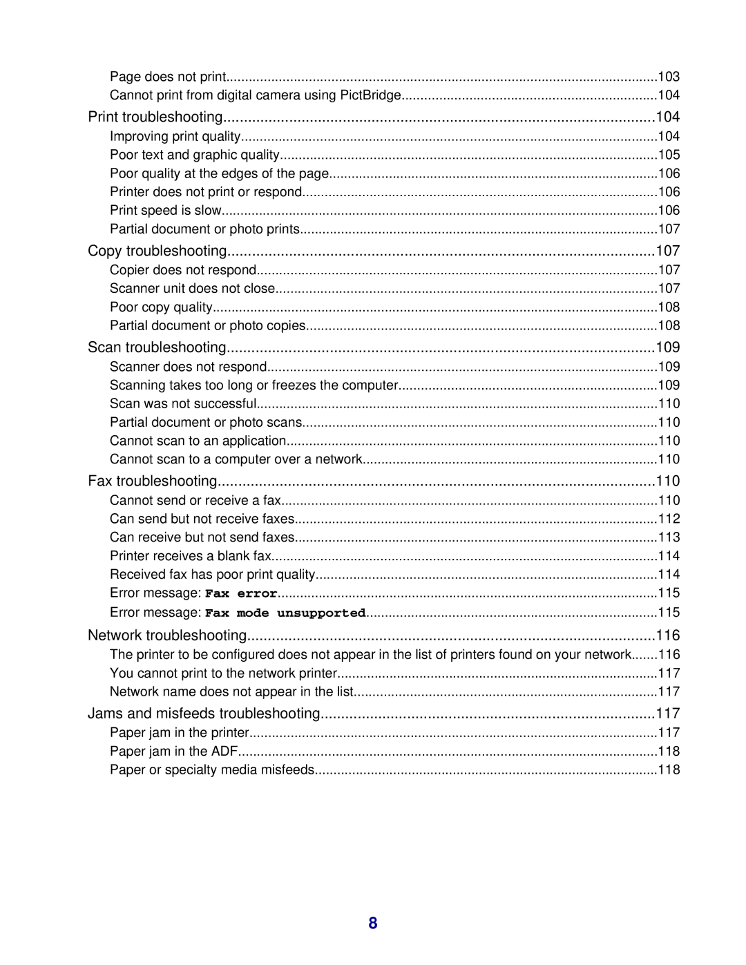 Lexmark 8300 Series manual Print troubleshooting 104 