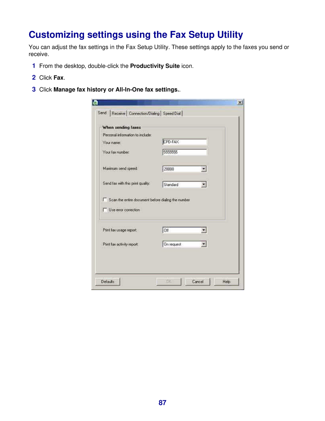 Lexmark 8300 Series Customizing settings using the Fax Setup Utility, Click Manage fax history or All-In-One fax settings 