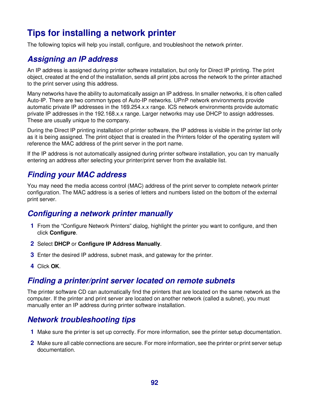 Lexmark 8300 Series manual Tips for installing a network printer 