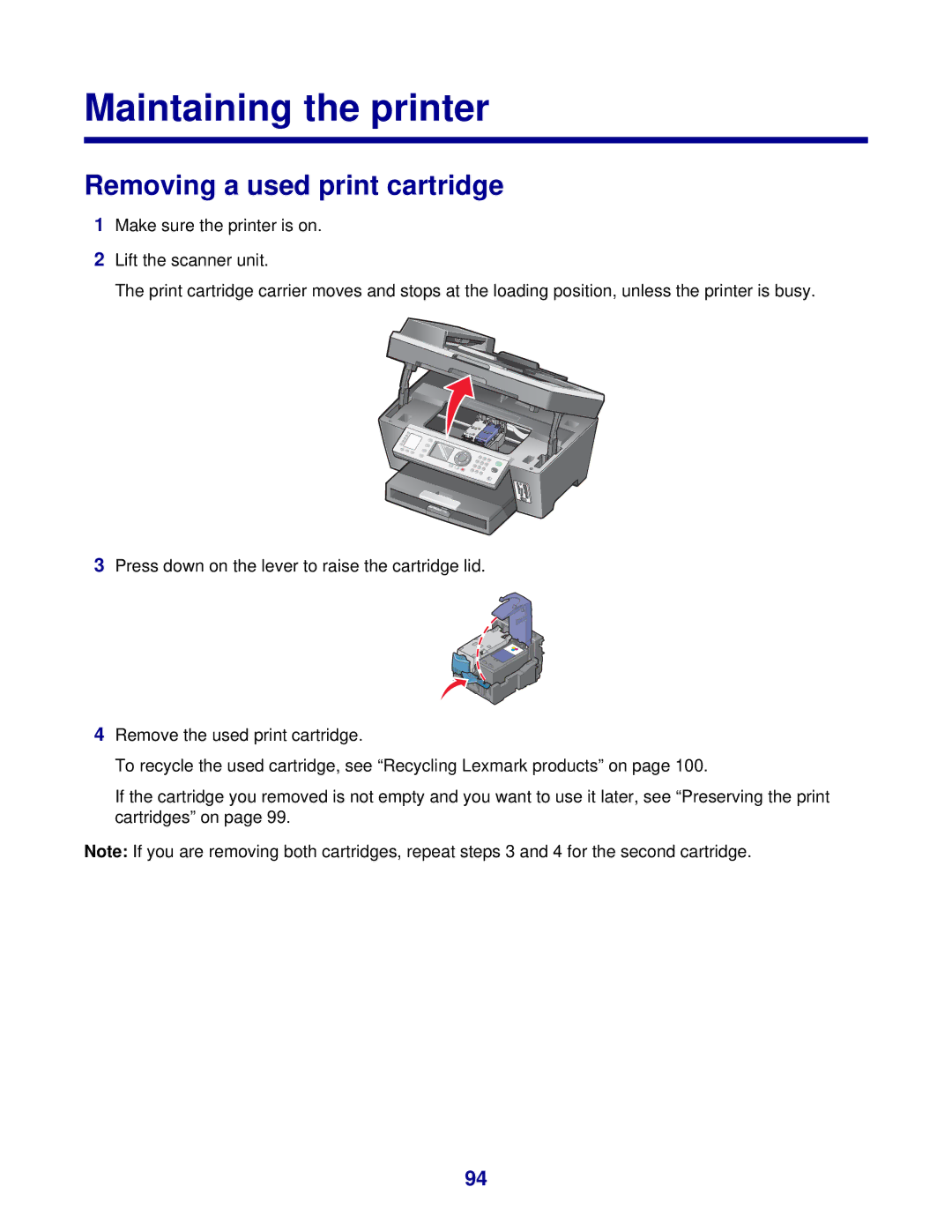 Lexmark 8300 Series manual Maintaining the printer, Removing a used print cartridge 