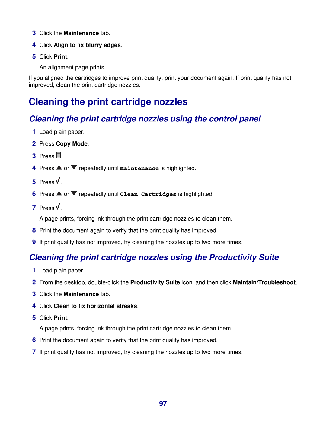 Lexmark 8300 Series manual Cleaning the print cartridge nozzles, Click Align to fix blurry edges, Press Copy Mode 