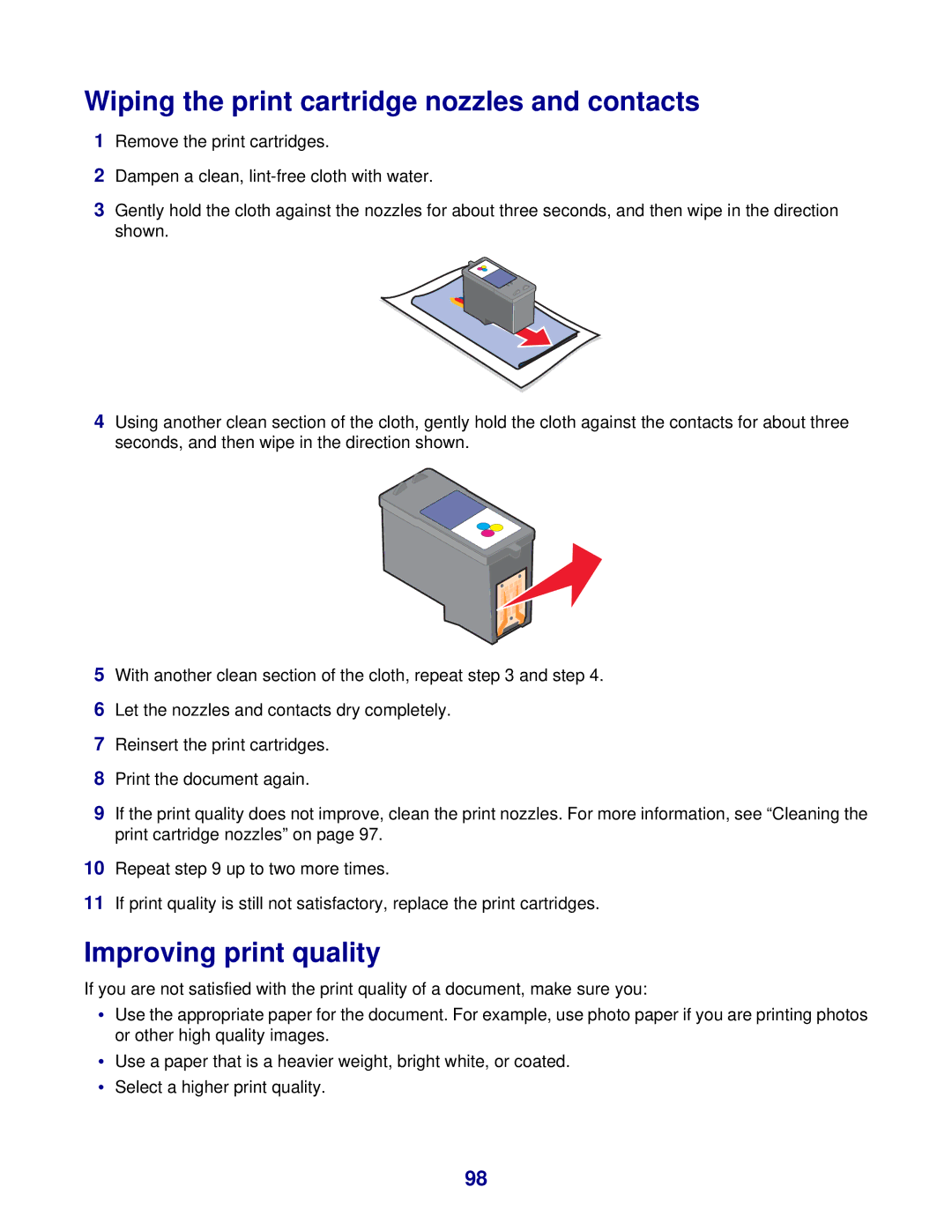 Lexmark 8300 Series manual Wiping the print cartridge nozzles and contacts, Improving print quality 