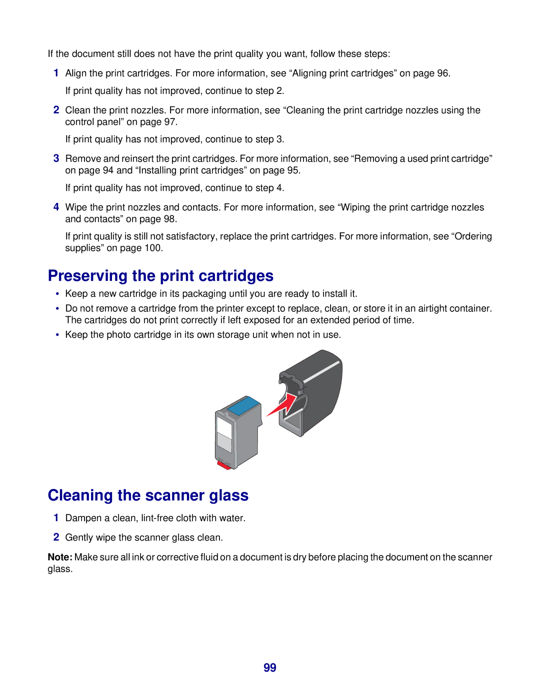 Lexmark 8300 Series manual Preserving the print cartridges, Cleaning the scanner glass 