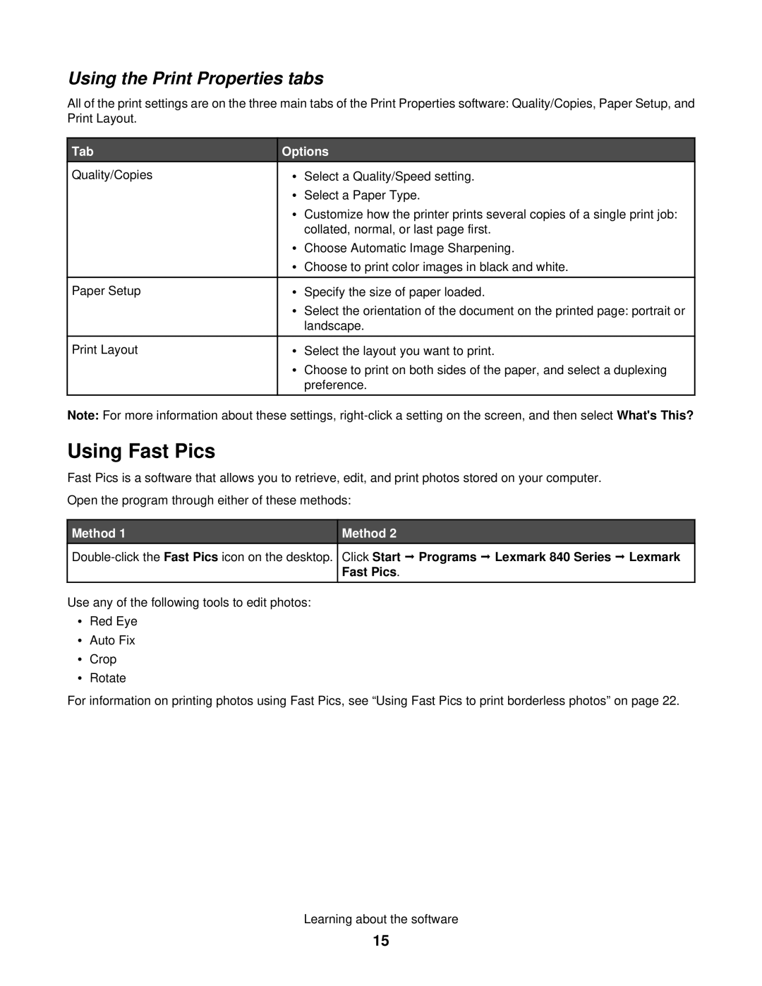 Lexmark 840 Series manual Using Fast Pics, Using the Print Properties tabs, Tab Options, Method 