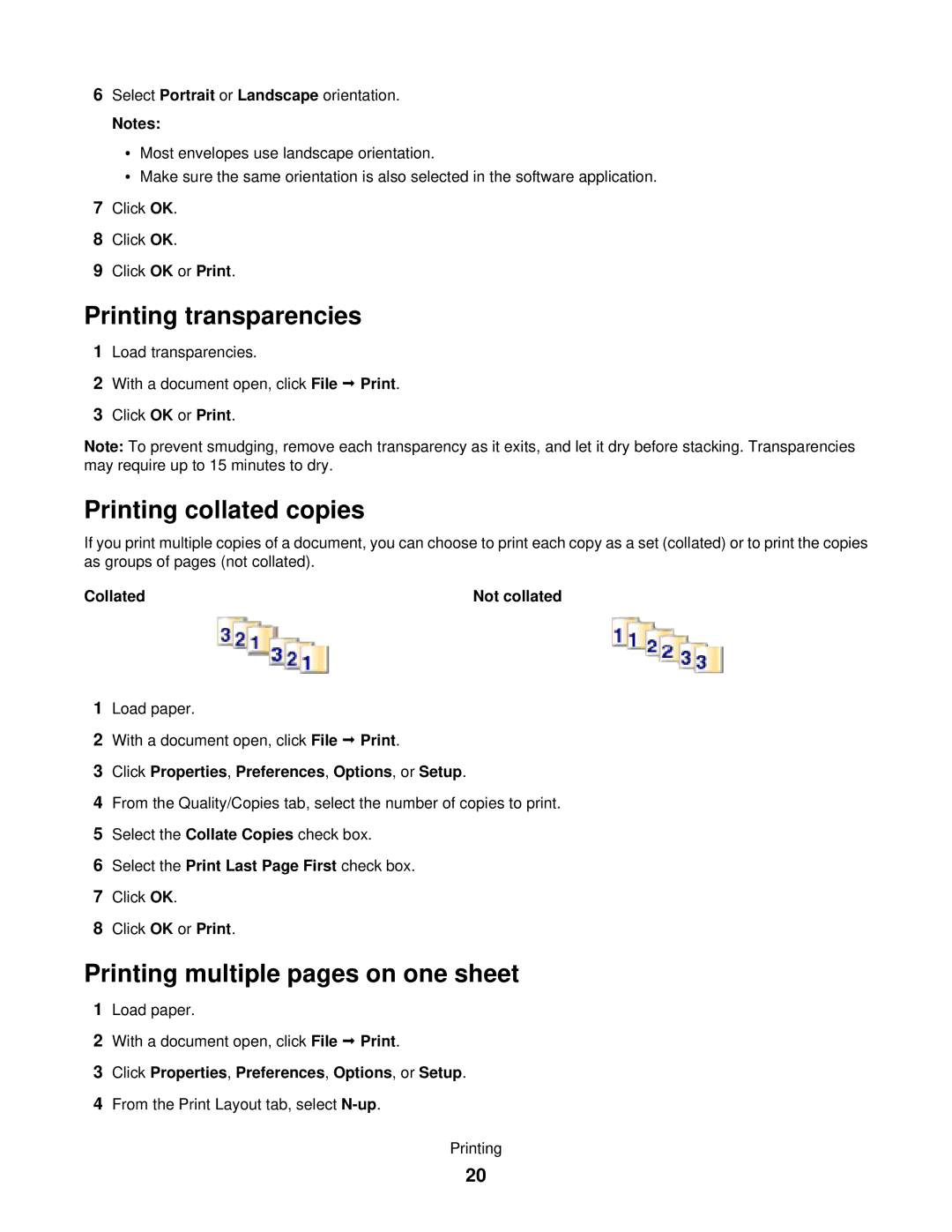 Lexmark 840 Series manual Printing transparencies, Printing collated copies, Printing multiple pages on one sheet 