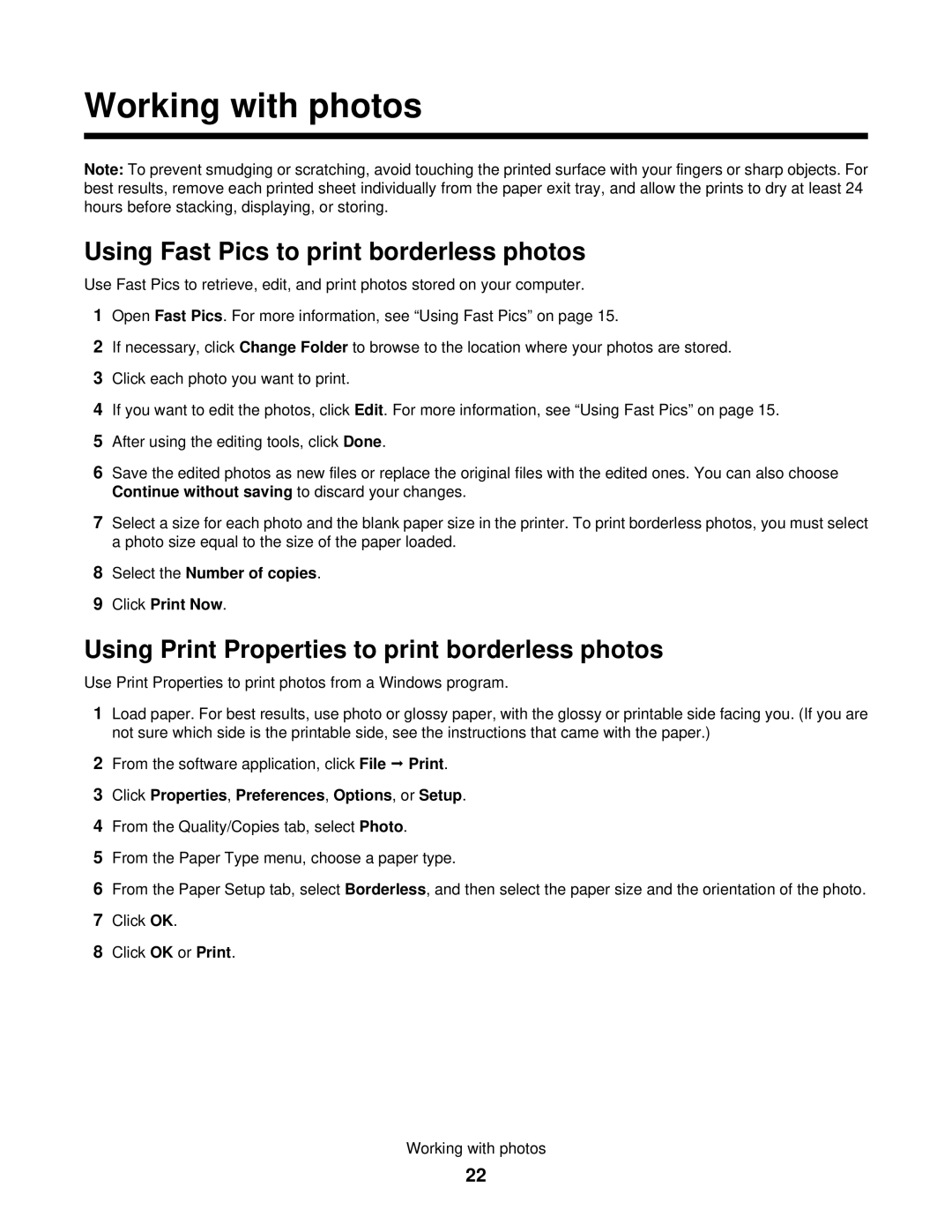 Lexmark 840 Series manual Working with photos, Using Fast Pics to print borderless photos 