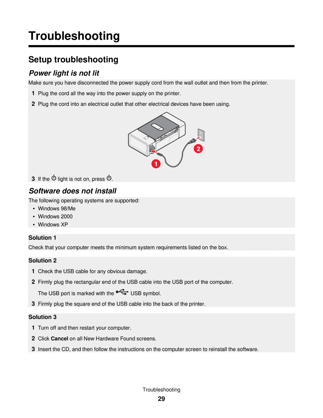 Lexmark 840 Series manual Troubleshooting, Setup troubleshooting, Power light is not lit, Software does not install 