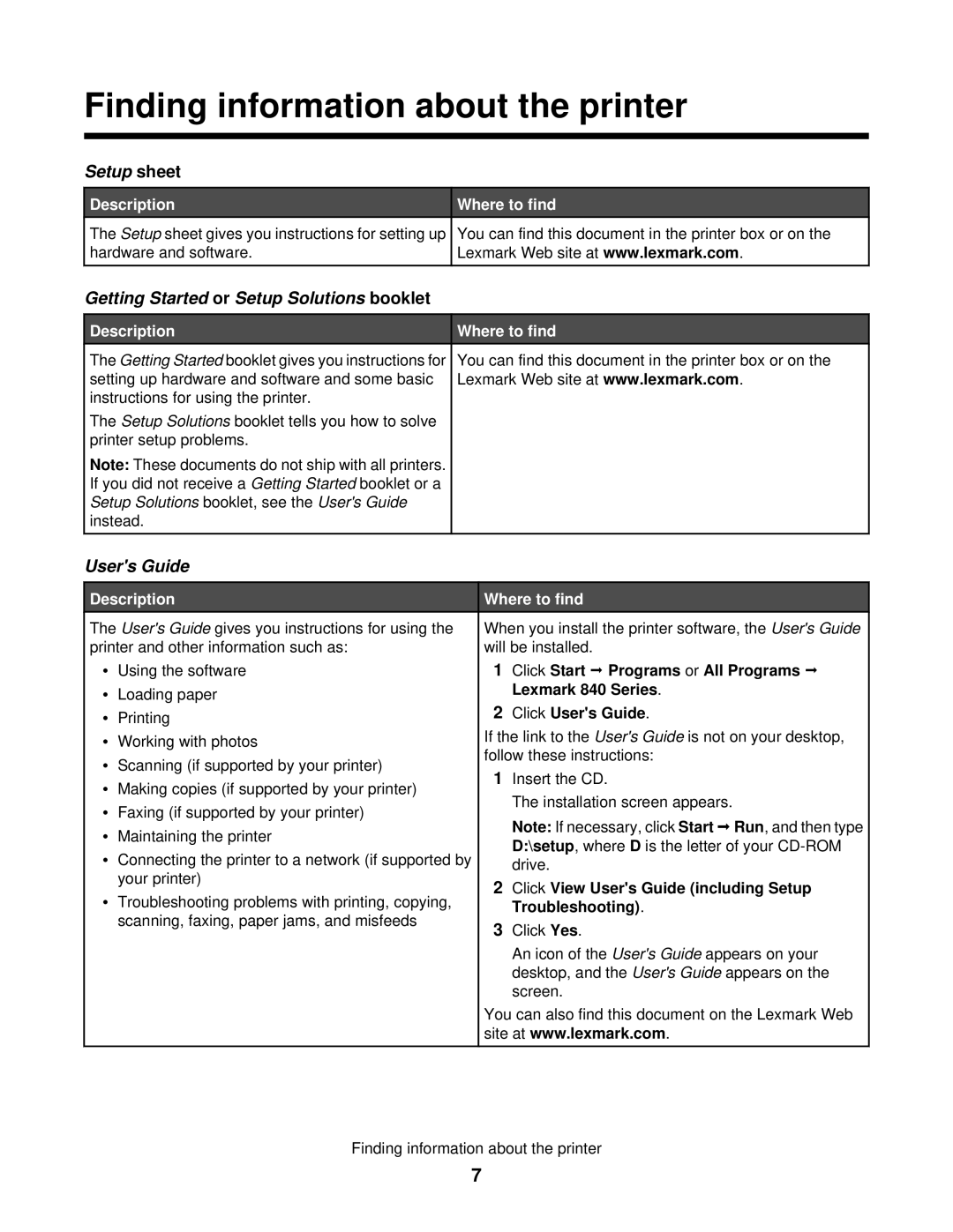 Lexmark 840 Series manual Finding information about the printer, Description, Where to find 