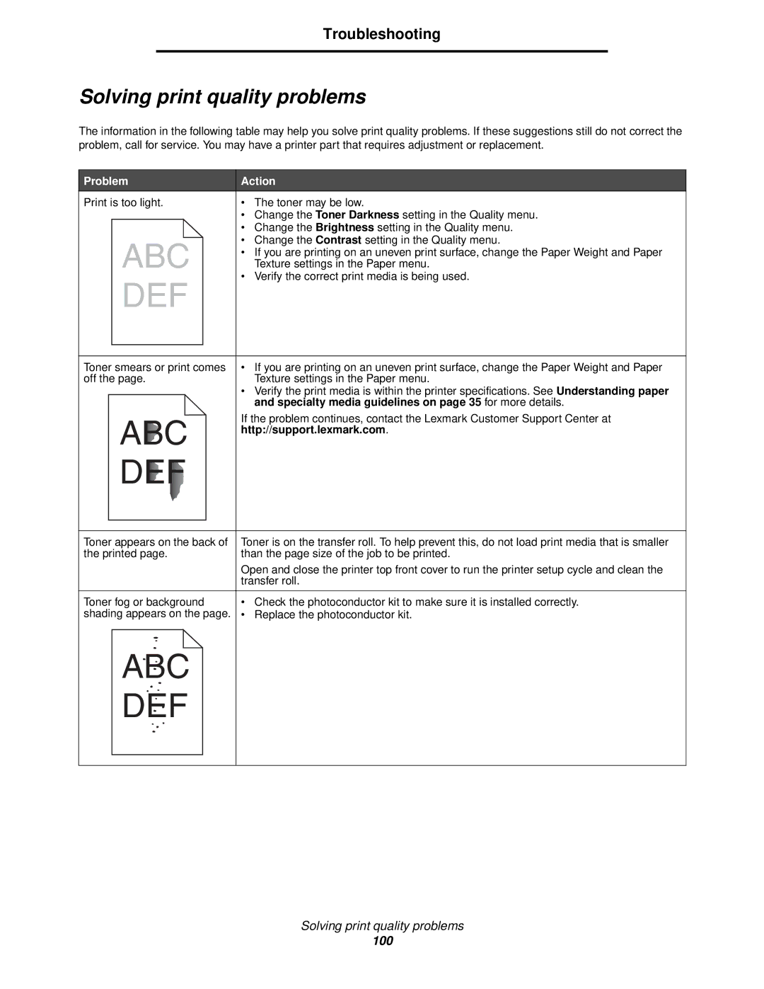 Lexmark 840 manual Solving print quality problems, Problem Action, Specialty media guidelines on page 35 for more details 