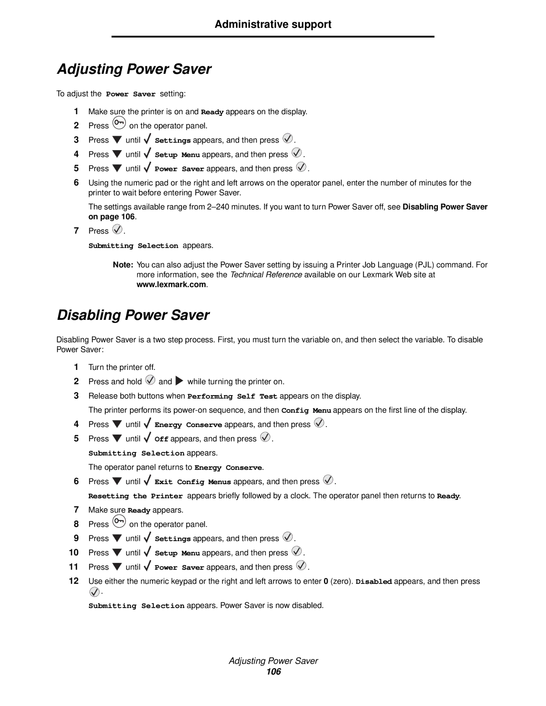 Lexmark 840 manual Adjusting Power Saver, Disabling Power Saver 