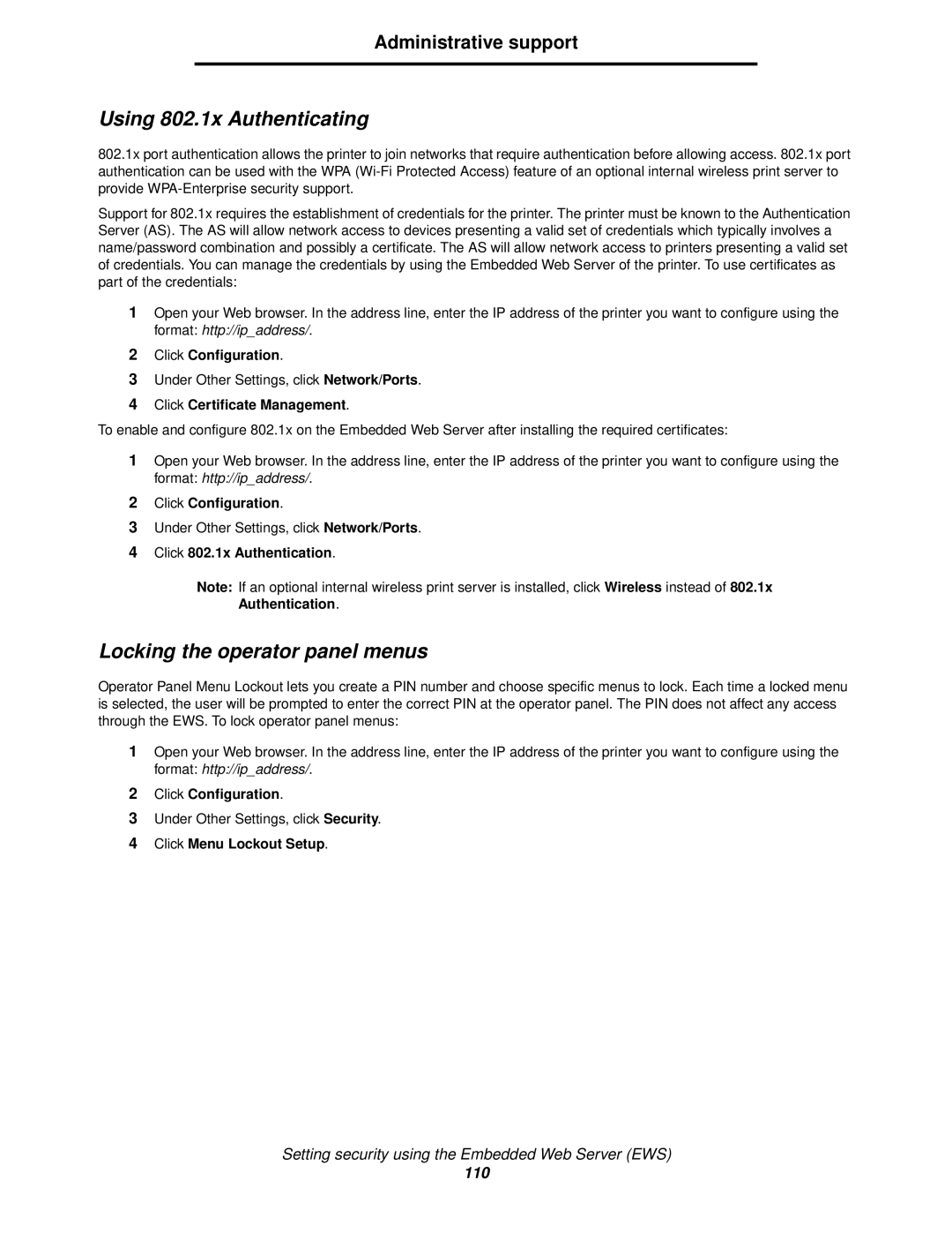 Lexmark 840 manual Using 802.1x Authenticating, Locking the operator panel menus, Click Certificate Management 