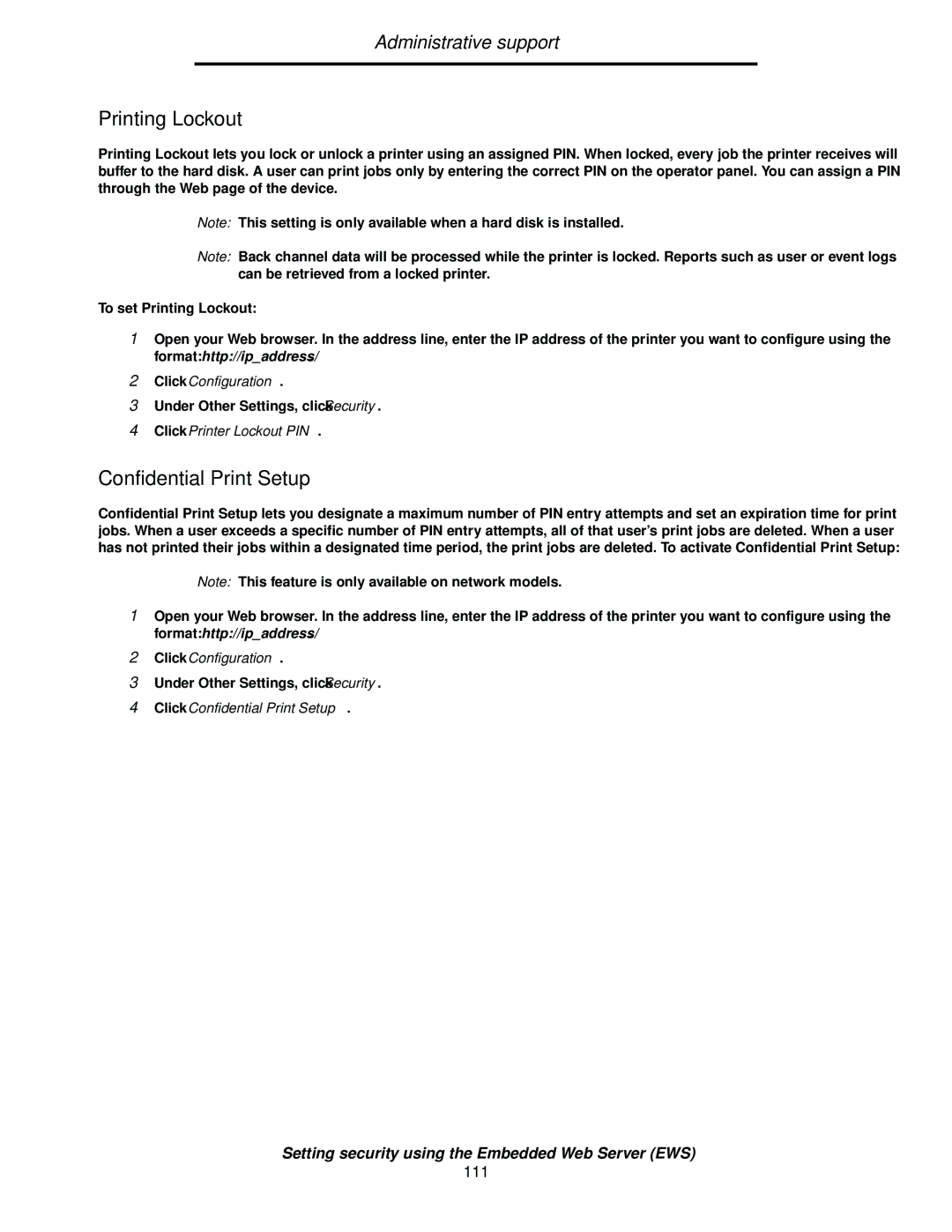 Lexmark 840 manual Printing Lockout, Click Printer Lockout PIN, Click Confidential Print Setup 