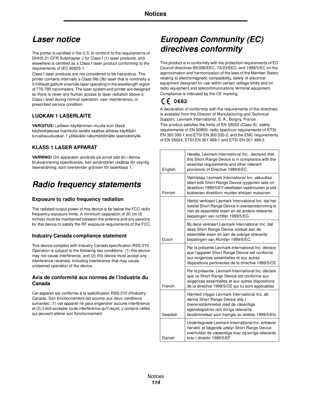 Lexmark 840 manual Laser notice, European Community EC directives conformity, Radio frequency statements 