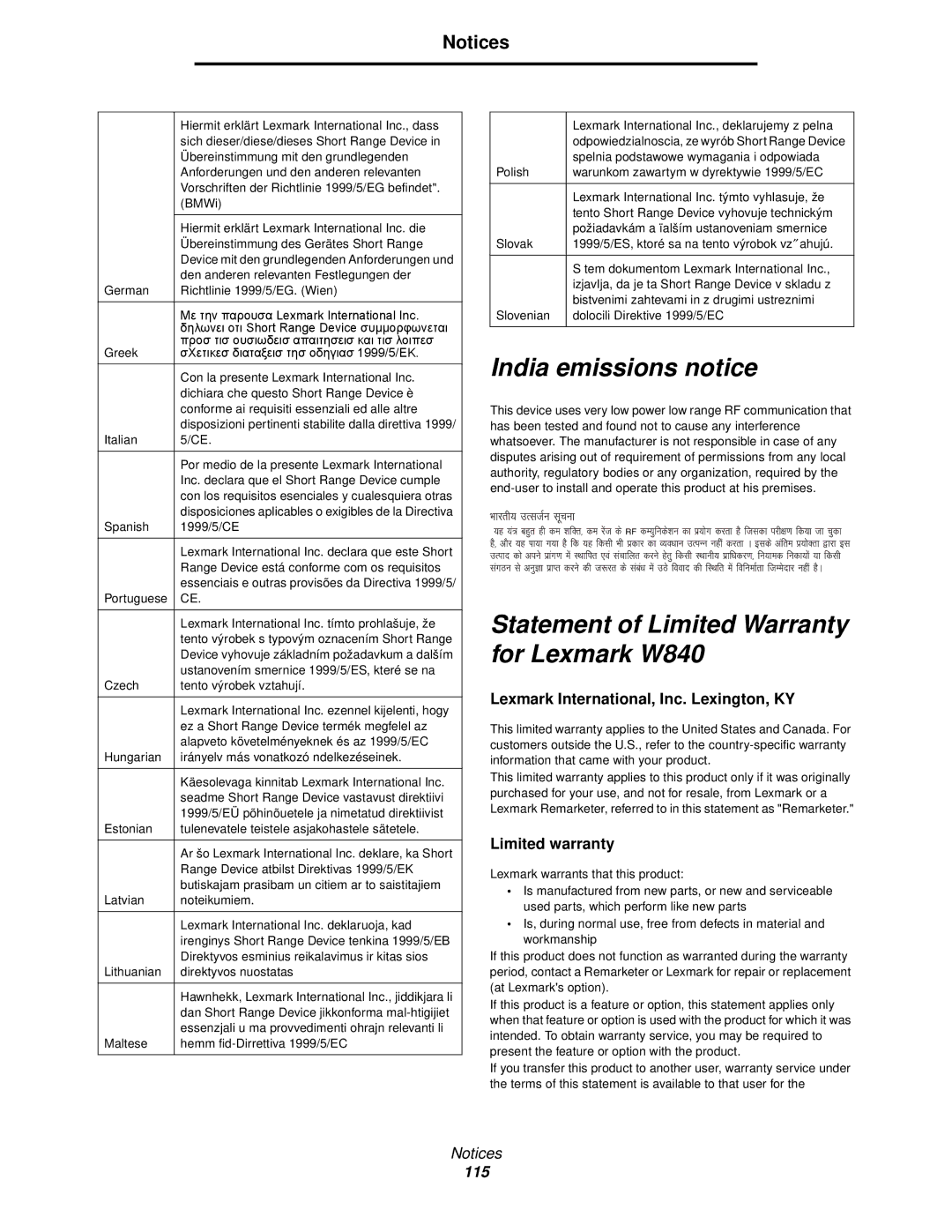 Lexmark manual India emissions notice, Statement of Limited Warranty for Lexmark W840, Limited warranty 