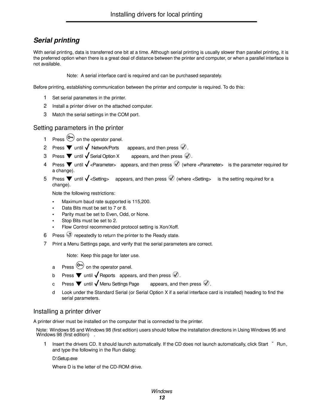 Lexmark 840 manual Serial printing, Setting parameters in the printer, Installing a printer driver 