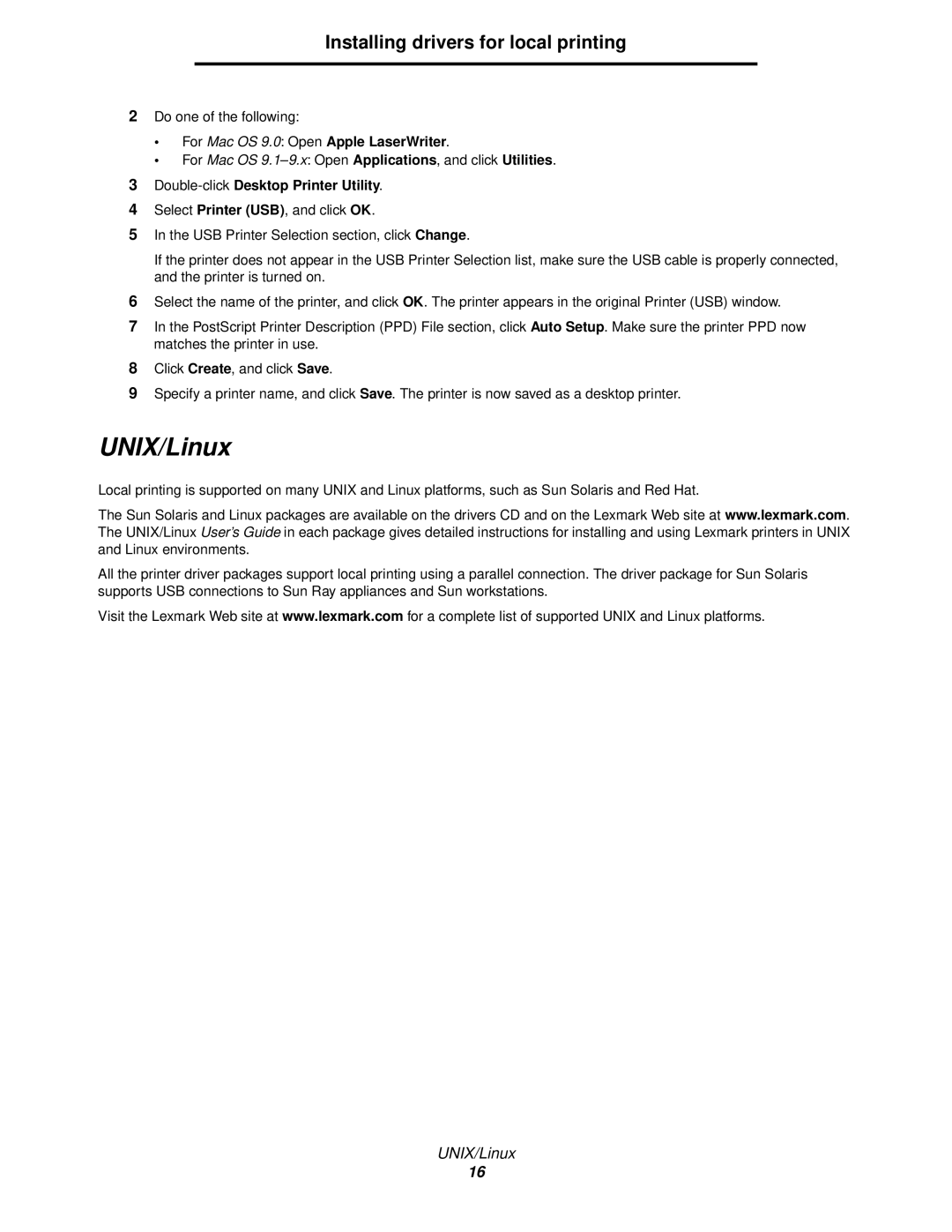 Lexmark 840 manual UNIX/Linux, For Mac OS 9.0 Open Apple LaserWriter, Double-clickDesktop Printer Utility 