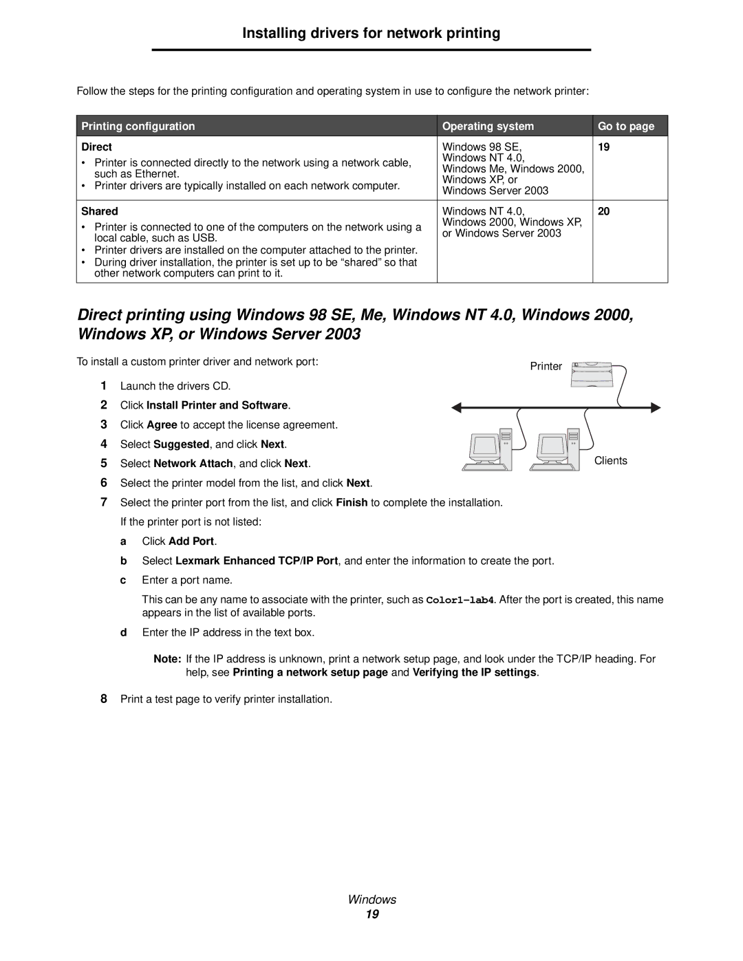 Lexmark 840 manual Printing configuration Operating system Go to, Direct, Shared, Click Add Port 