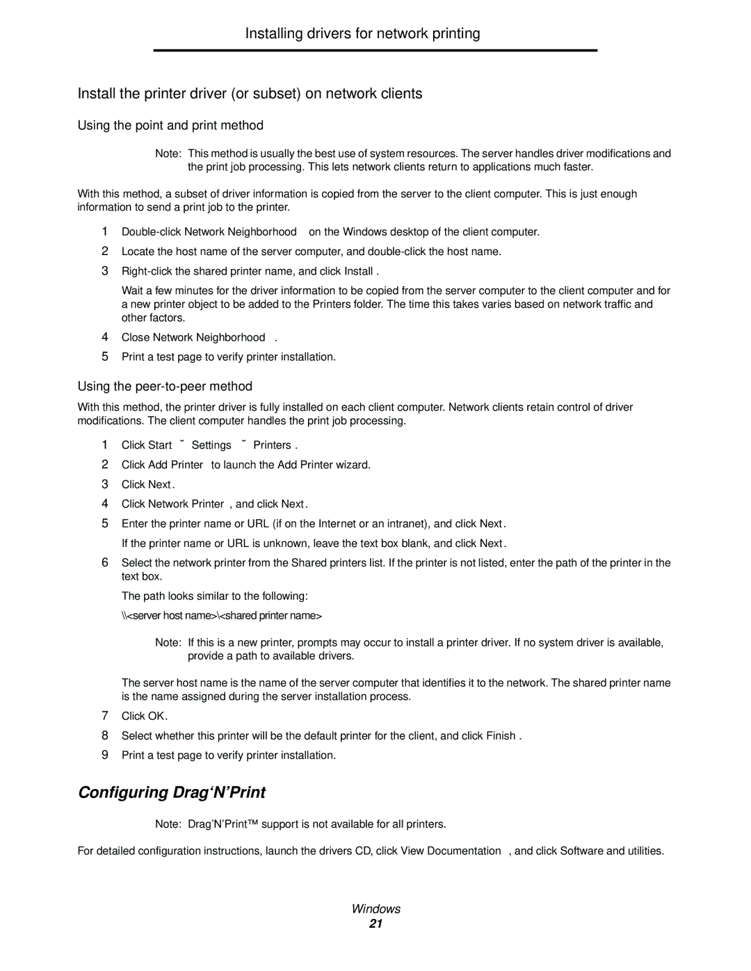 Lexmark 840 manual Configuring Drag‘N’Print, Close Network Neighborhood, Click Start Æ Settings Æ Printers 