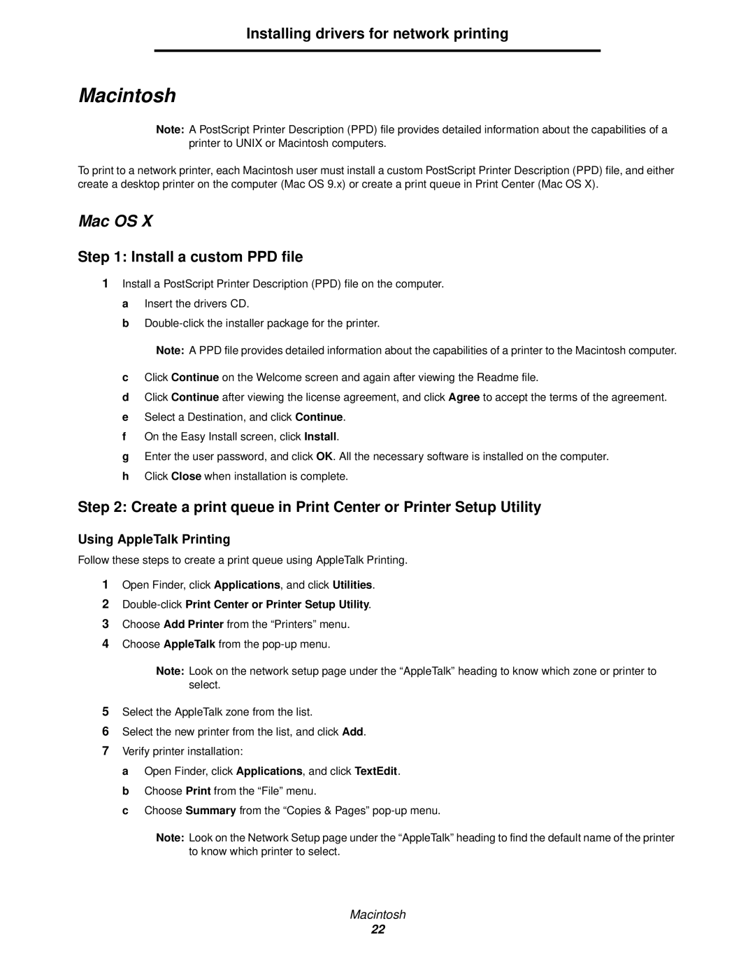 Lexmark 840 manual Mac OS, Install a custom PPD file 