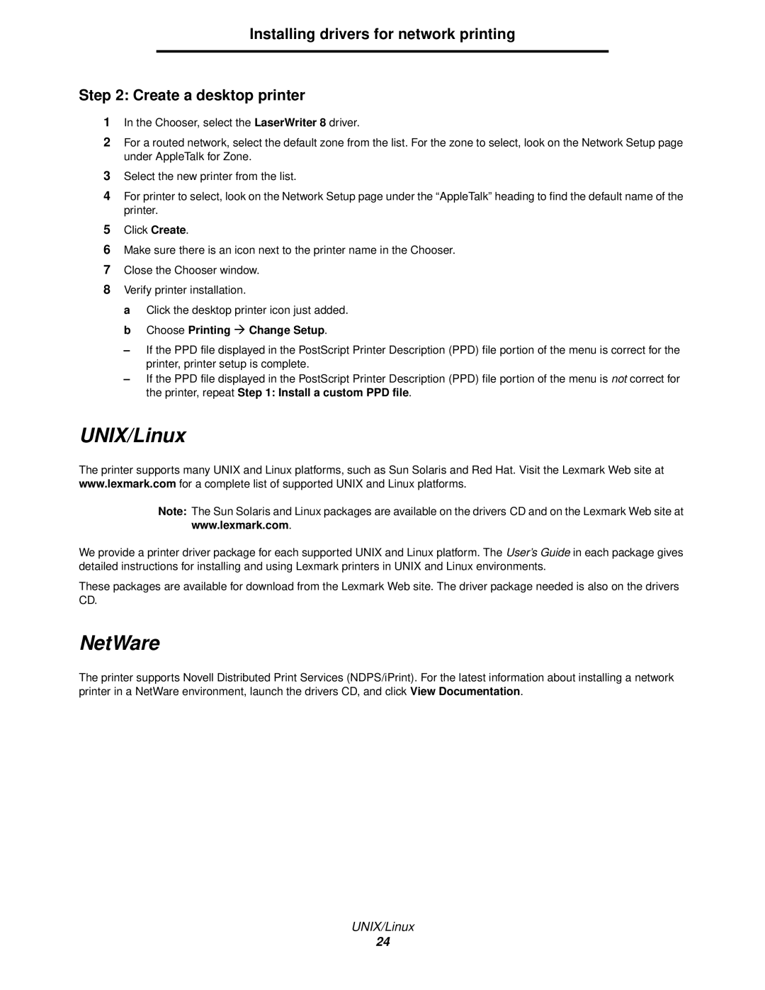 Lexmark 840 manual UNIX/Linux, NetWare 