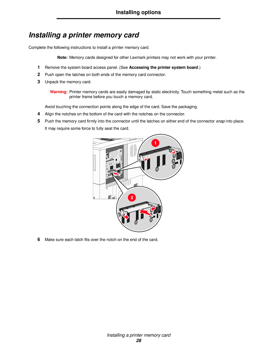 Lexmark 840 manual Installing a printer memory card 